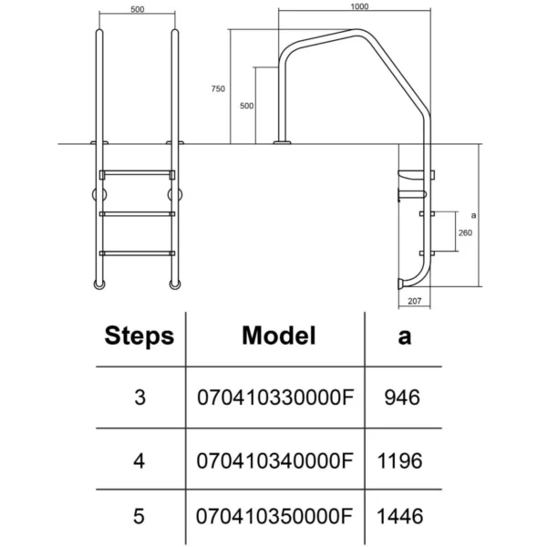 Drabinka Basenowa Hayward Monachium (3 stopnie) rysunek Drabinka Basenowa Hayward Monachium (3 stopnie) rysunek