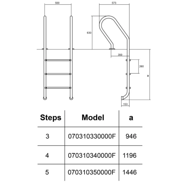 Drabinka do basenu Hayward Mixta (3 stopnie), wąski brzeg, AISI-316 rysunek Drabinka do basenu Hayward Mixta (3 stopnie), wąski brzeg, AISI-316 rysunek
